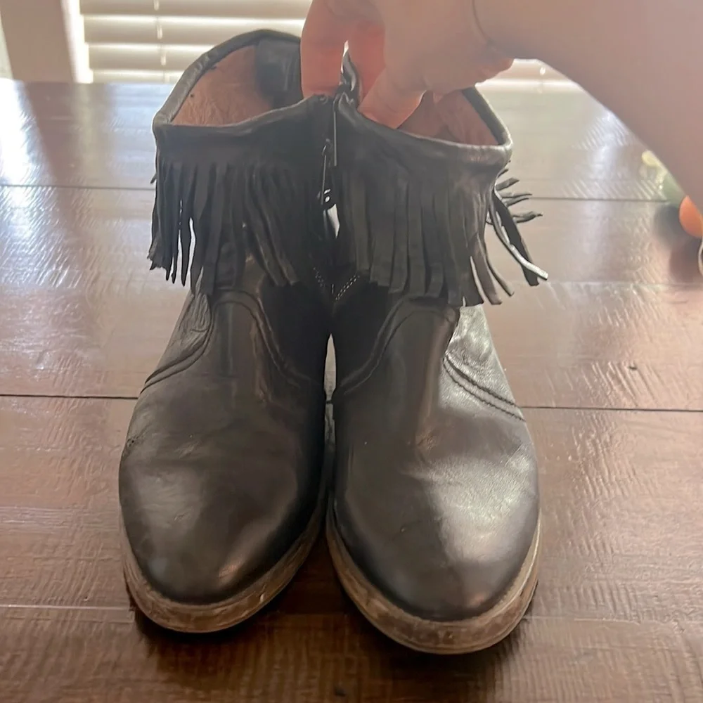 All Saints -“Bonny Cuban” black fringe leather booties